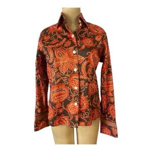 Liz Logie Bold oj/red/gray Floral Button-Down CottonShirt w/long ribboned cuffs